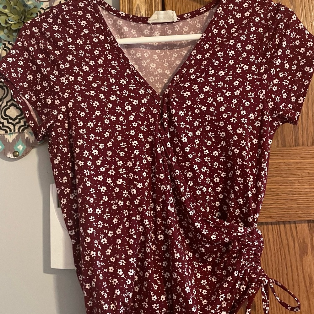 maroon tie blouse with white flowers
